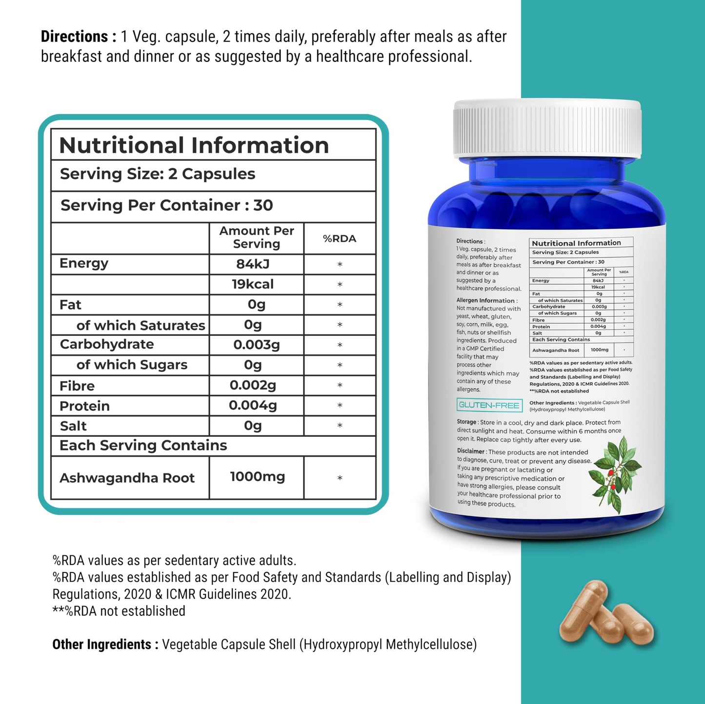 Biovitalia Organics Biovitalia Ashwagandha 1000mg Capsule | Dietary Supplement for Men & Women | Promotes Supports Muscle Health| Support Daily Active Life- 60 Vegan Capsules