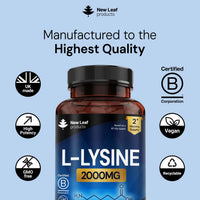 NEW LEAF PRODUCTS L-Lysine Tablets 2000mg - High Strength Lysine Nutritional Supplements - Essential Amino Acid L Lysine - 120 Vegan Lysine Tablets 2 Month Supply Made in The UK By New Leaf