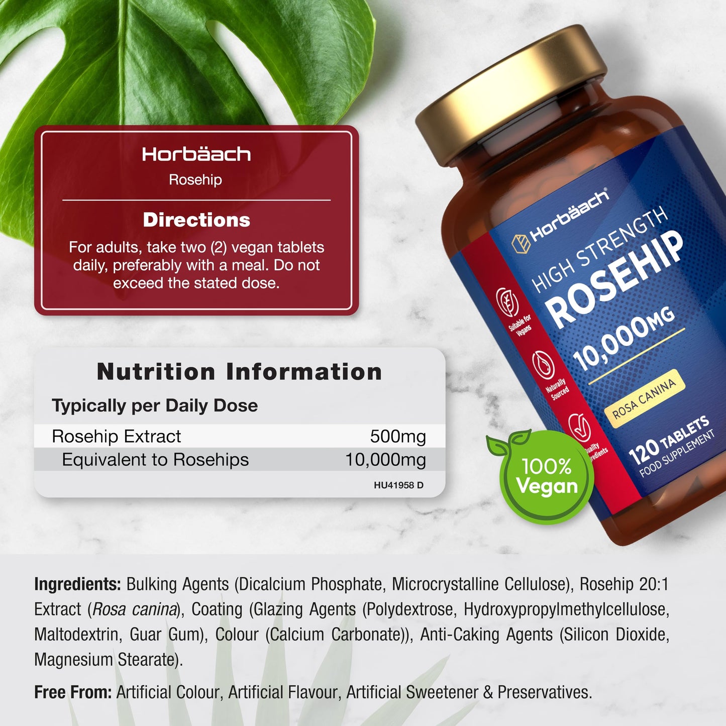 Horbäach Rosehip Tablets 10,000mg | 120 Count | High Strength 20:1 Naturally Sourced Rosa Canina Extract | Suitable for Vegans | By Horbaach