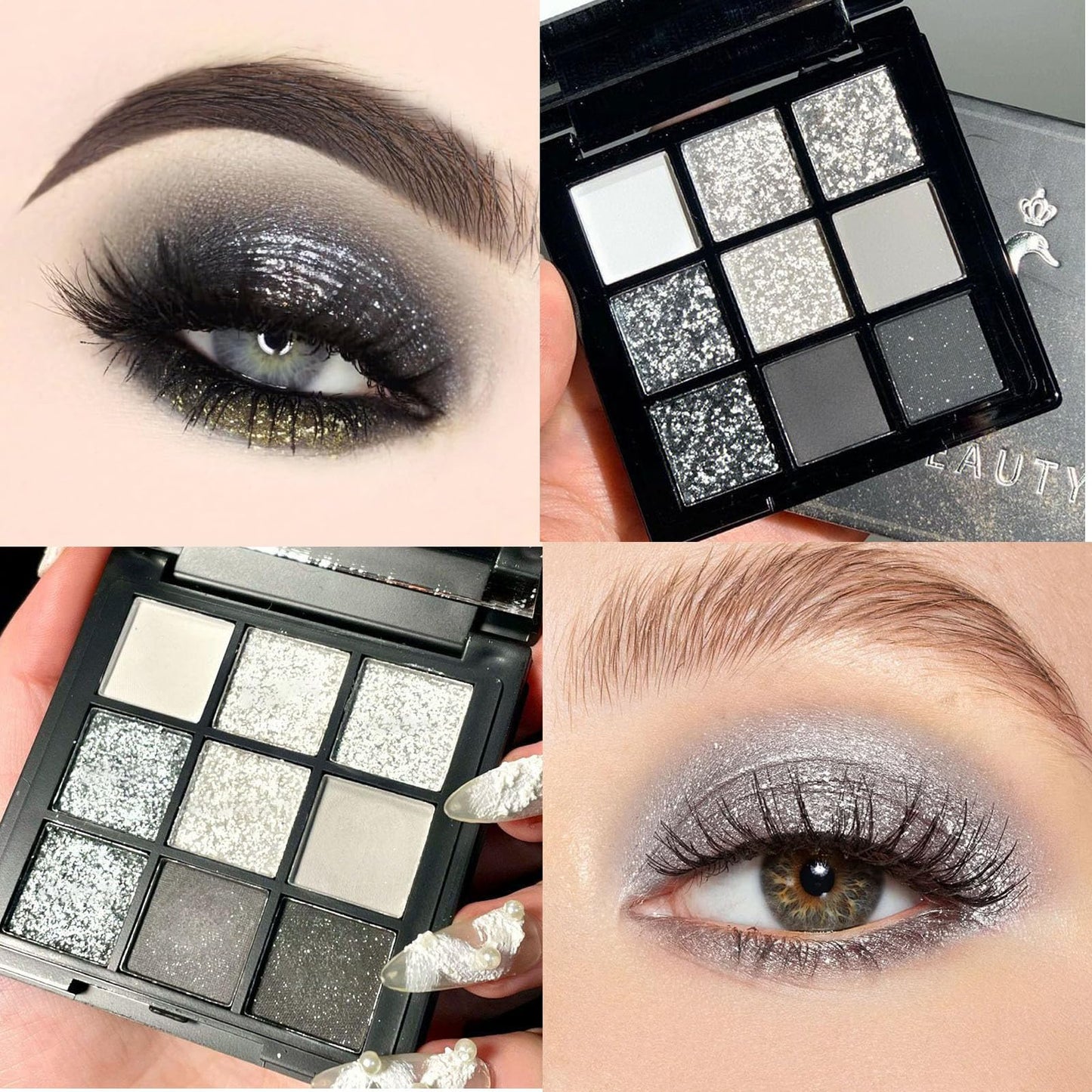 QUIWEN Black Eyeshadow Palette, Smokey Silver Glitter Eyeshadow Palette, Highly Pigmented White Grey Cold Toned Eye Shadows Pallets for Women, Long Lasting Waterproof Eye Shadows Make Up Palettes