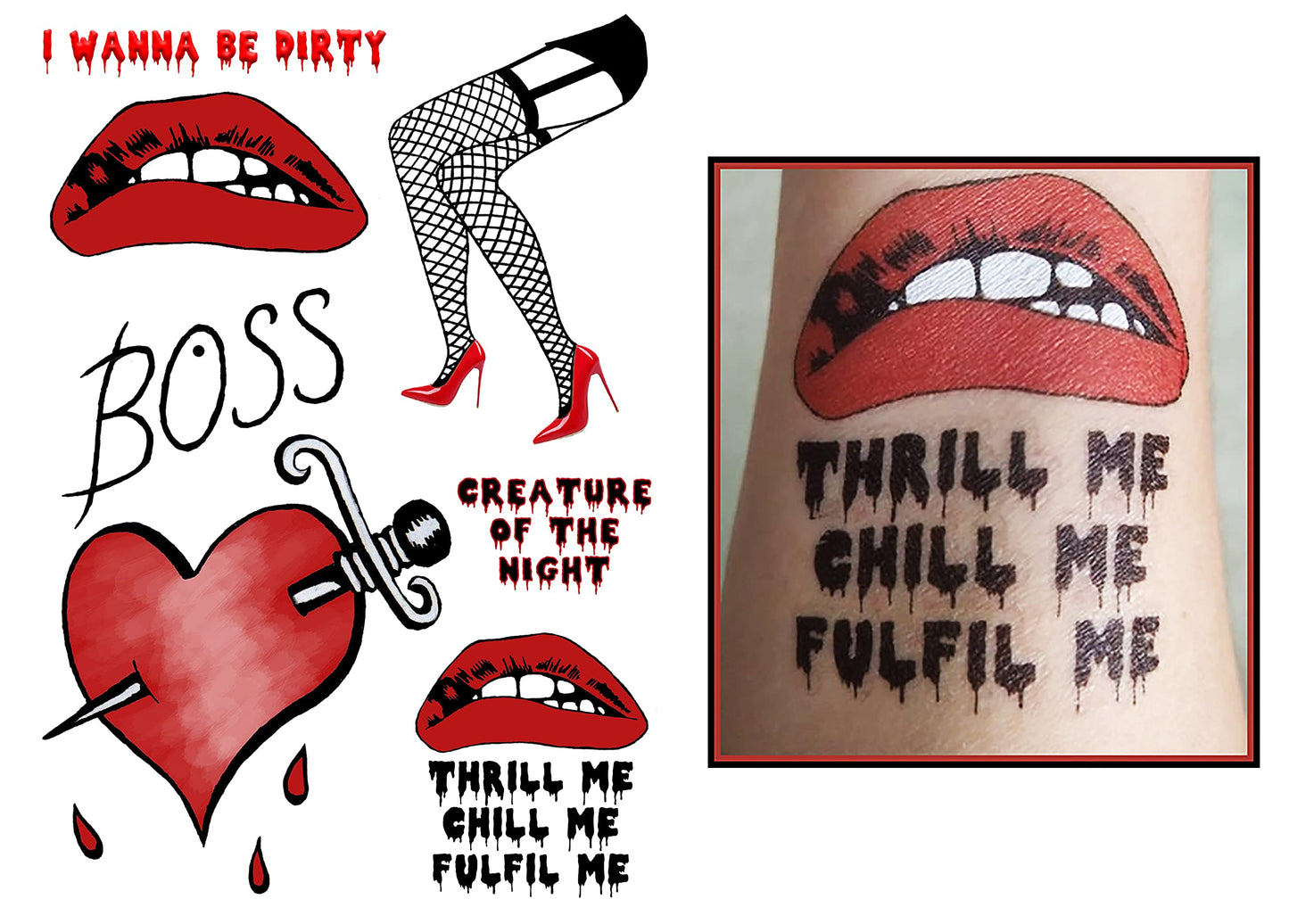 Top Tats The Rocky Horror Show Temporary Tattoos FANCY DRESS Frank N Furter BOSS Halloween Costume Tattoos