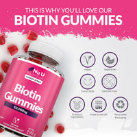 Biotin Hair Gummies 10,000mcg - 90 Vegan Gummies - Delicious Strawberry Flavour - Chewable Vitamin B7 Hair Vitamins - Gelatine Free - Made in the UK - Nu U Nutrition