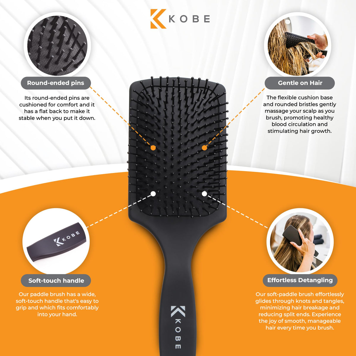 Kobe Professional Hair Brush - Detangle Hair Brush for Wet and Dry Hair - Soft Touch Feel Black Paddle Hair Brush - Cushion Brush - Ideal for Curly Hair - Efficient Detangling curly hair brush