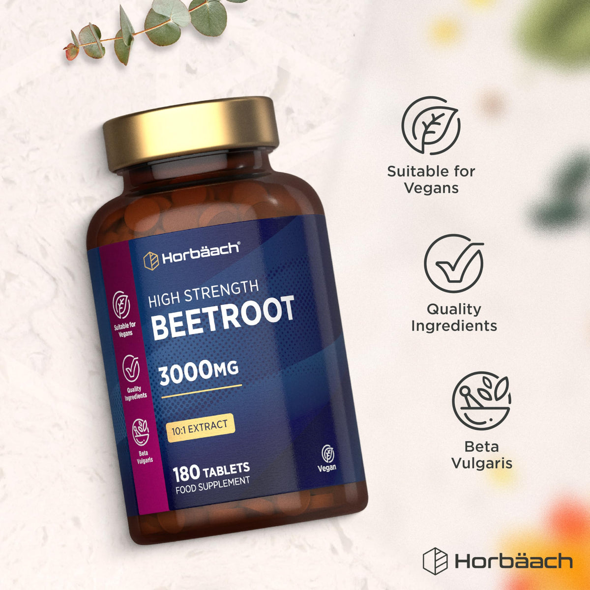 Horbäach Beetroot Tablets 3000mg | High Strength Beetroot Supplement | 180 Vegan Tablets (3 Months Supply) | Nitric Oxide | by Horbaach