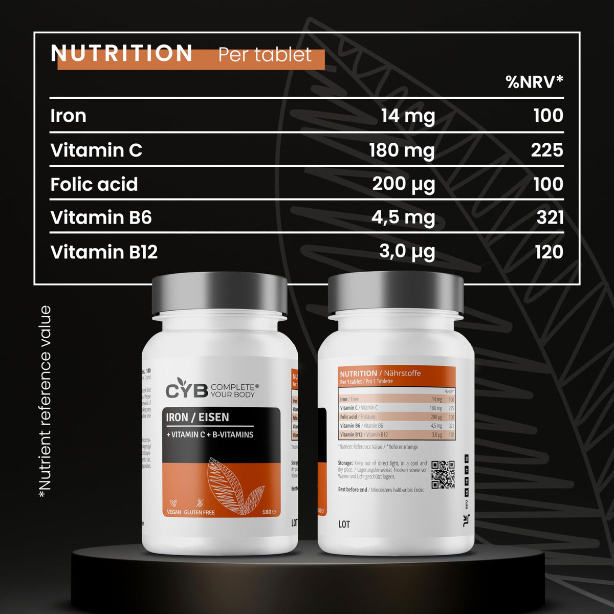 CYB Complete your Body CYB High-Strength Iron Complex – 180 Tablets - Chelated Iron 14mg (as Gluconate) (100% NRV) Plus Folic Acid, Vitamins B12, B6 and C - Formation of Red Blood Cells, Reduction of Tiredness and Fatigue
