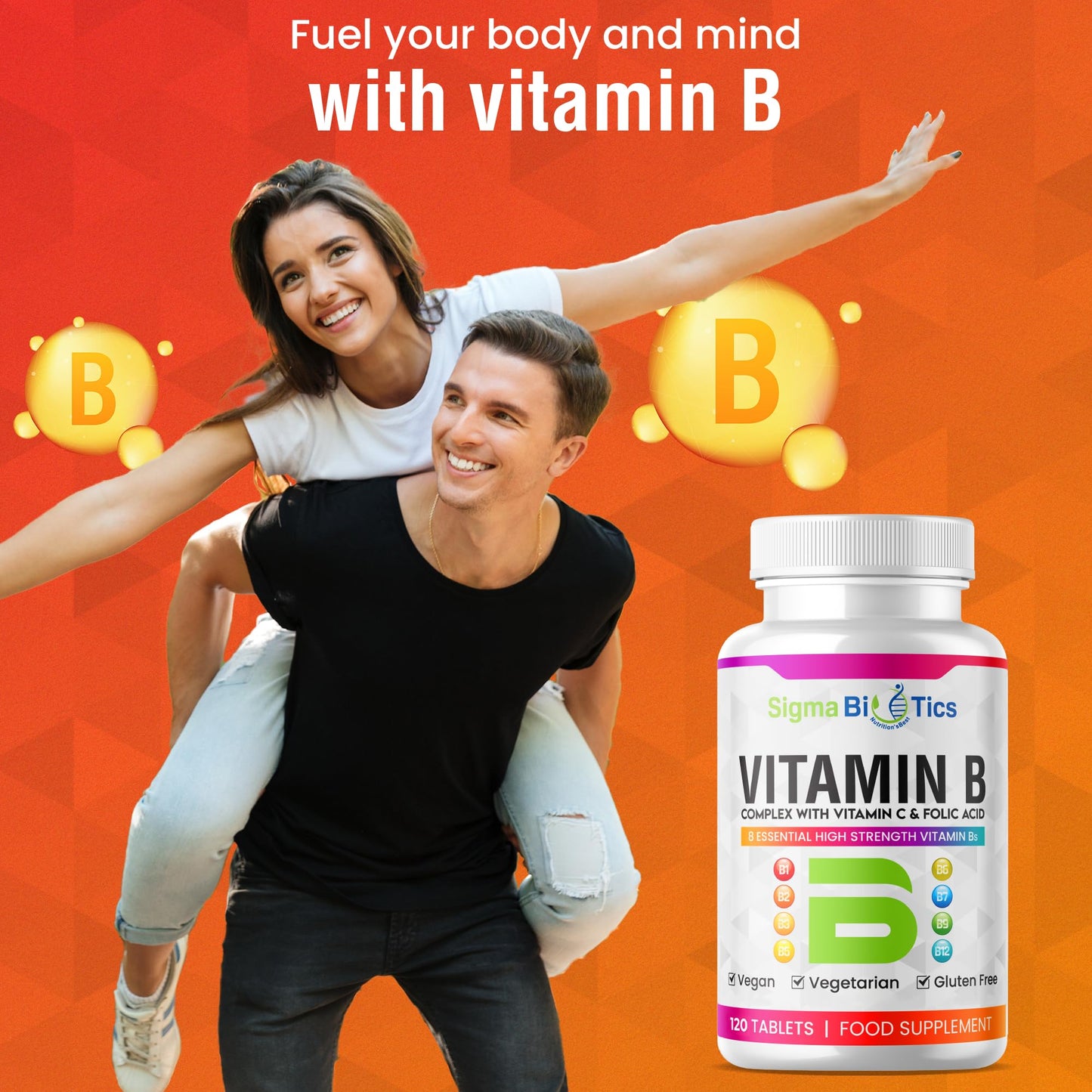SigmaBiotics Vitamin B Complex Tablets - Blend of 8 B Vitamins & Vitamin C - Folic Acid, B1, B2, B3, B5, B6 and Vitamin B12 Supplement - Vegan & Gluten Free - 120 Tablets