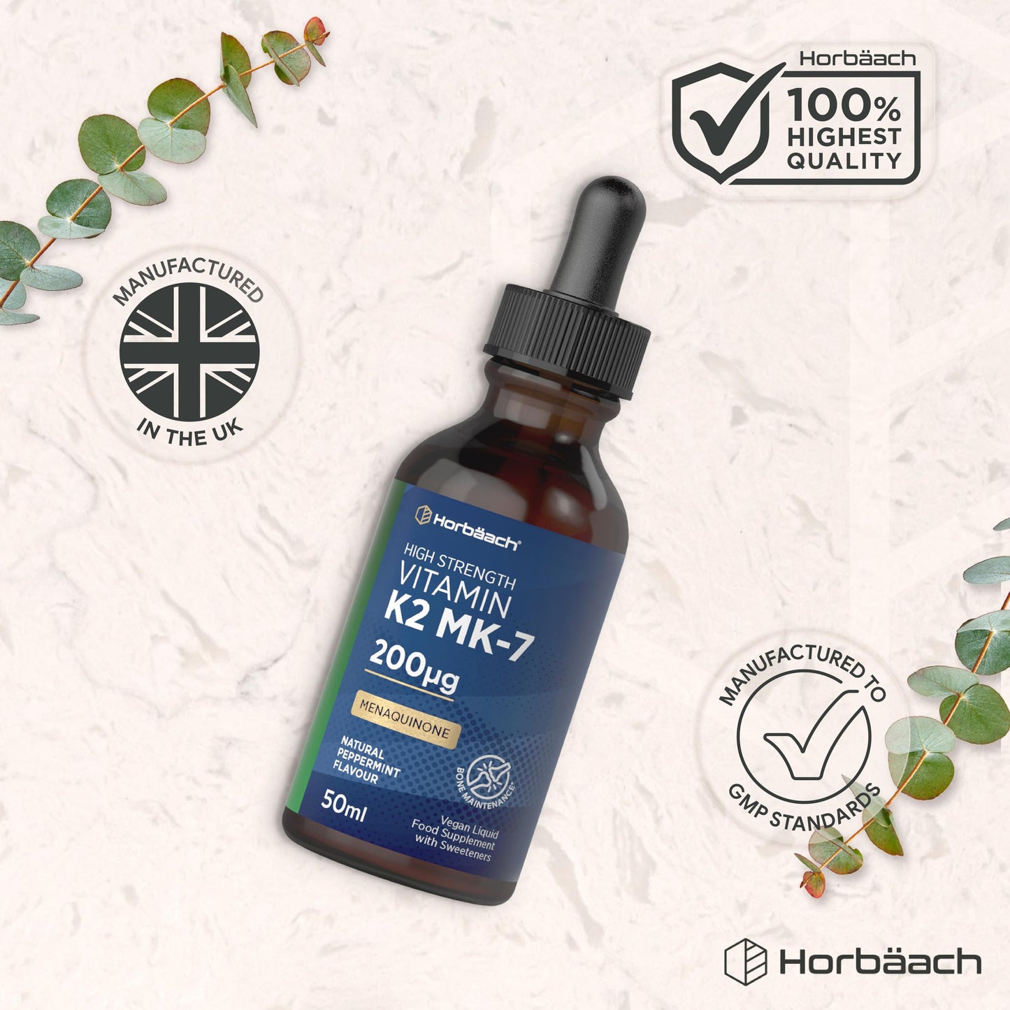 Horbäach Vitamin K2 MK7 Drops 200ug | 50 ml | High Strength Vitamin K2 as Menaquinone MK7 | Peppermint Flavour | Vegan Liquid Food Supplement | by Horbaach