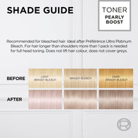 L'Oreal Paris Preference Le Blonding Acidic Toner Pearly Boost: Post-bleach treatment for long-lasting anti-brassiness and luminous results. Neutralise unwanted yellow tones for a beautiful pearly blonde finish.