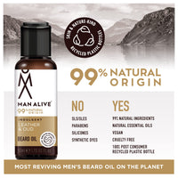MAN ALIVE Beard Oil for men by Man Alive 99% Natural skincare 50ml with Oatmeal, Argan Oil, Jojoba Oil & Almond Oil, gifts for men softens facial hair mens gifts birthday gifts for him (Leather & Oud)
