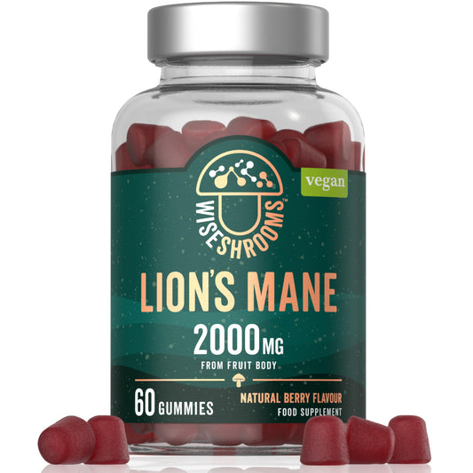 Lions Mane Gummies High Strength 2000mg | from Fruit Body | Vegan Mushroom Extract | 60 Natural Berry Flavour Gummies | by Wiseshrooms
