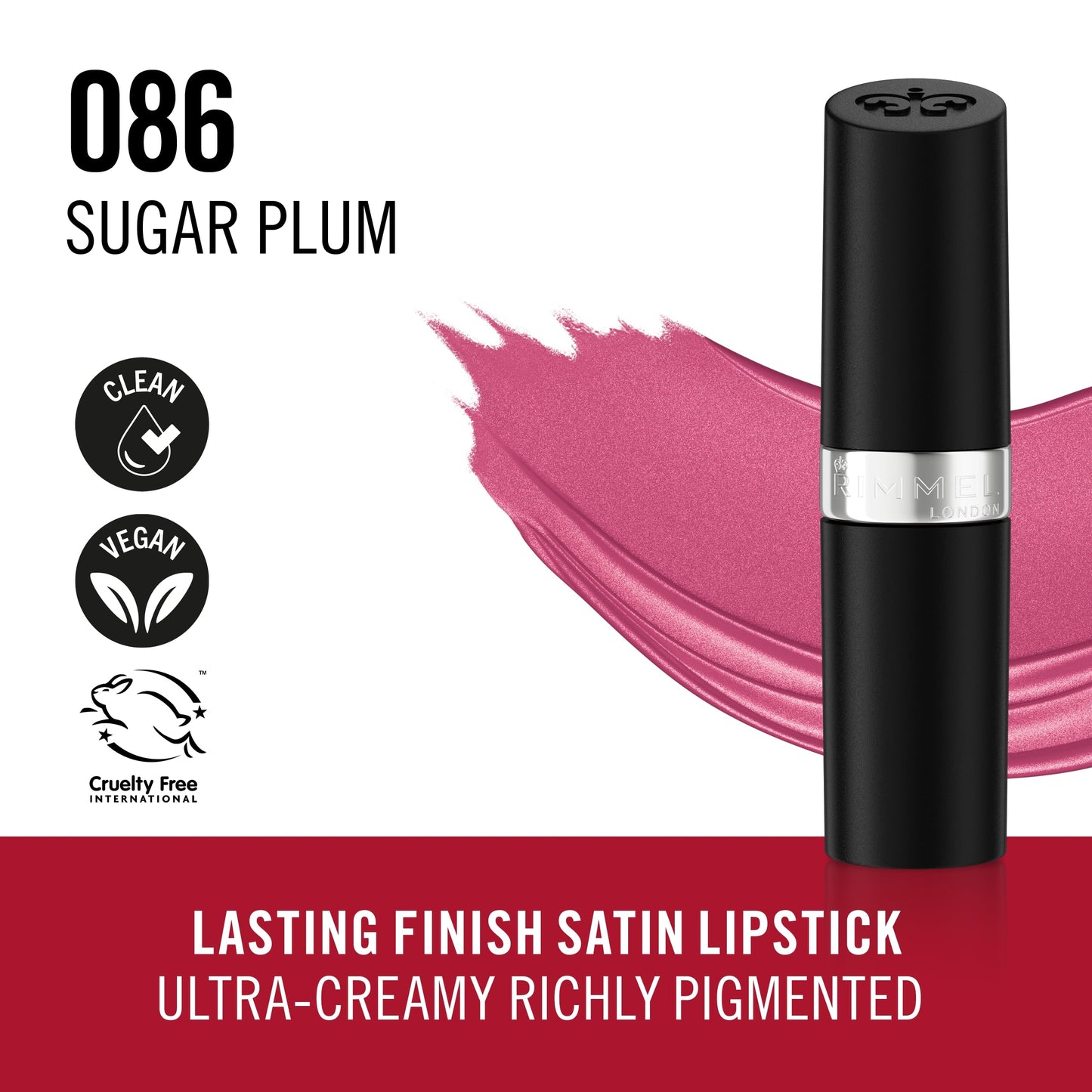 Rimmel Lasting Finish Lipstick 086 Sugar Plum, Creamy Satin Finish, Long Lasting 8 HR Wear, Comfortable Formula, Rich Pigment