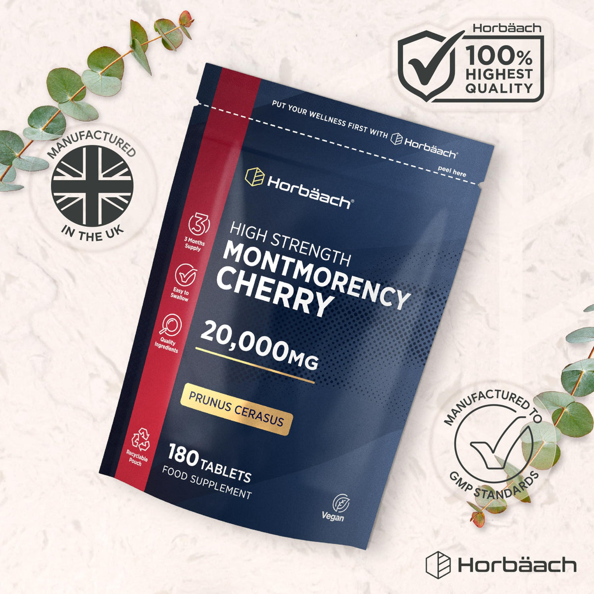 Horbäach Montmorency Cherry Tablets 20,000mg | 180 Tart Cherry Active Pills - 3 Months Supply | 50:1 Natural Tart Cherry Extract Supplement for Men & Women | Vegan | by Horbaach