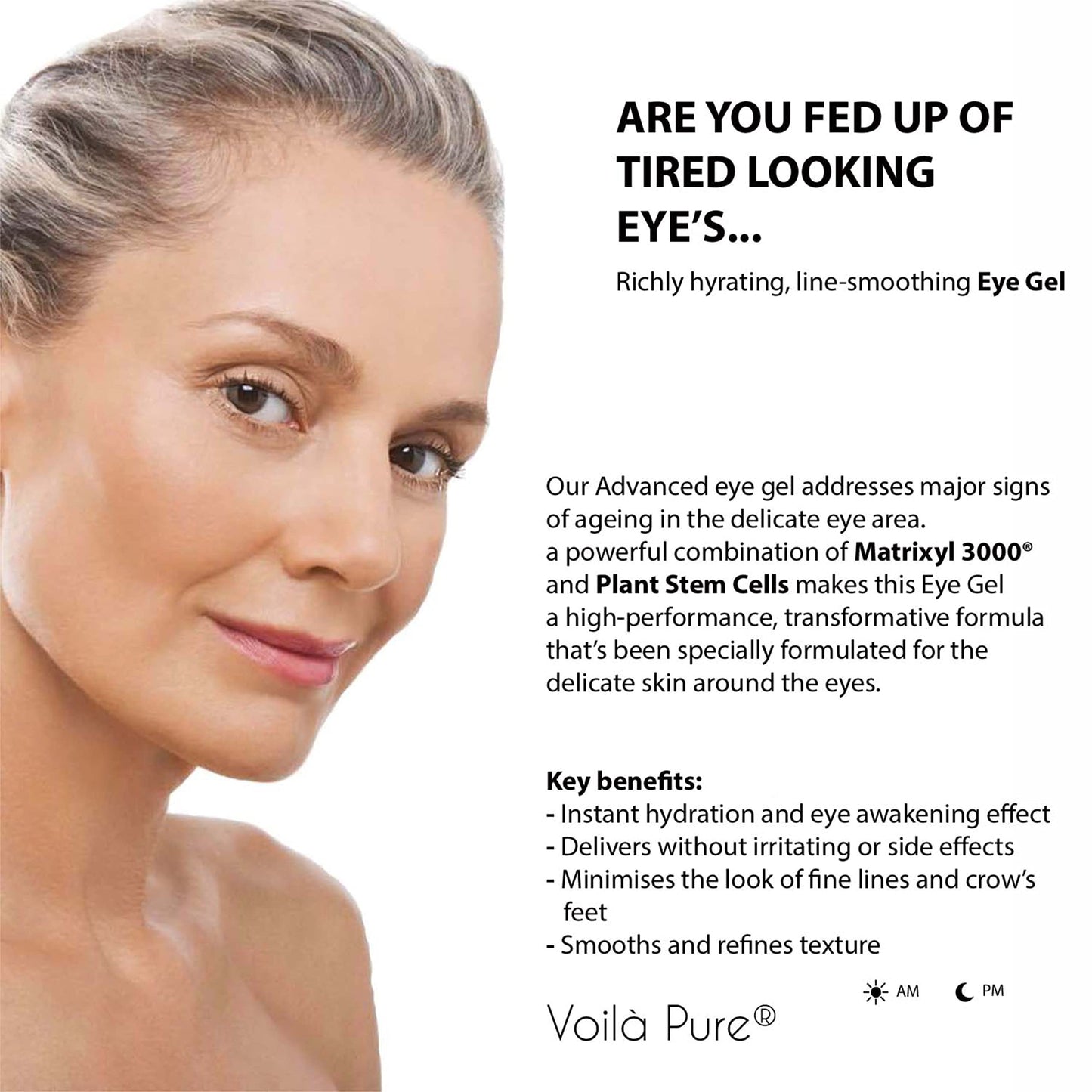 Voilà Pure -EYE CREAM - Cures Dark Circles, Puffiness & Crows Feet - Powerful But Gentle Organic Eye Gel - Anti-Ageing Formula With Matrixyl 3000 & Plant Stem Cells - 60ml Bottle