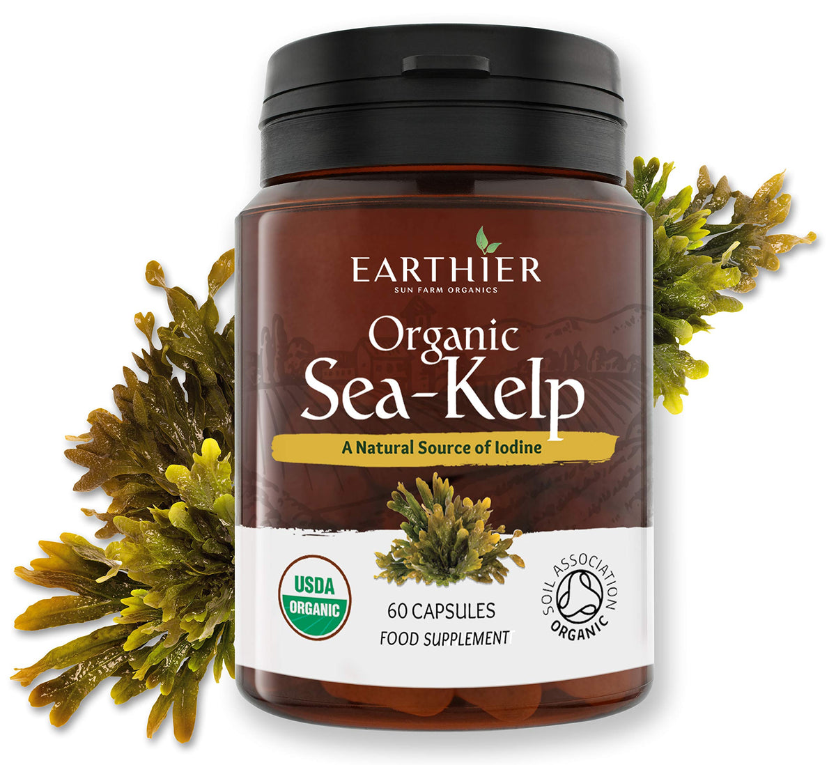 Earthier Certified Organic Iodine from 500mg Sea Kelp Giving 385mcg Iodine per Capsule 256% RDA Contributes to Normal Thyroid Function