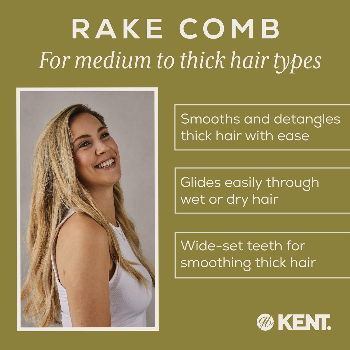 KENT Kent Brushes Handled Rake Comb SPC83 - Wide-Tooth Detangling Comb for Wet or Dry Hair, Strong Moulded Rubber with Easy-Grip Handle for Gentle, Tangle-Free Styling