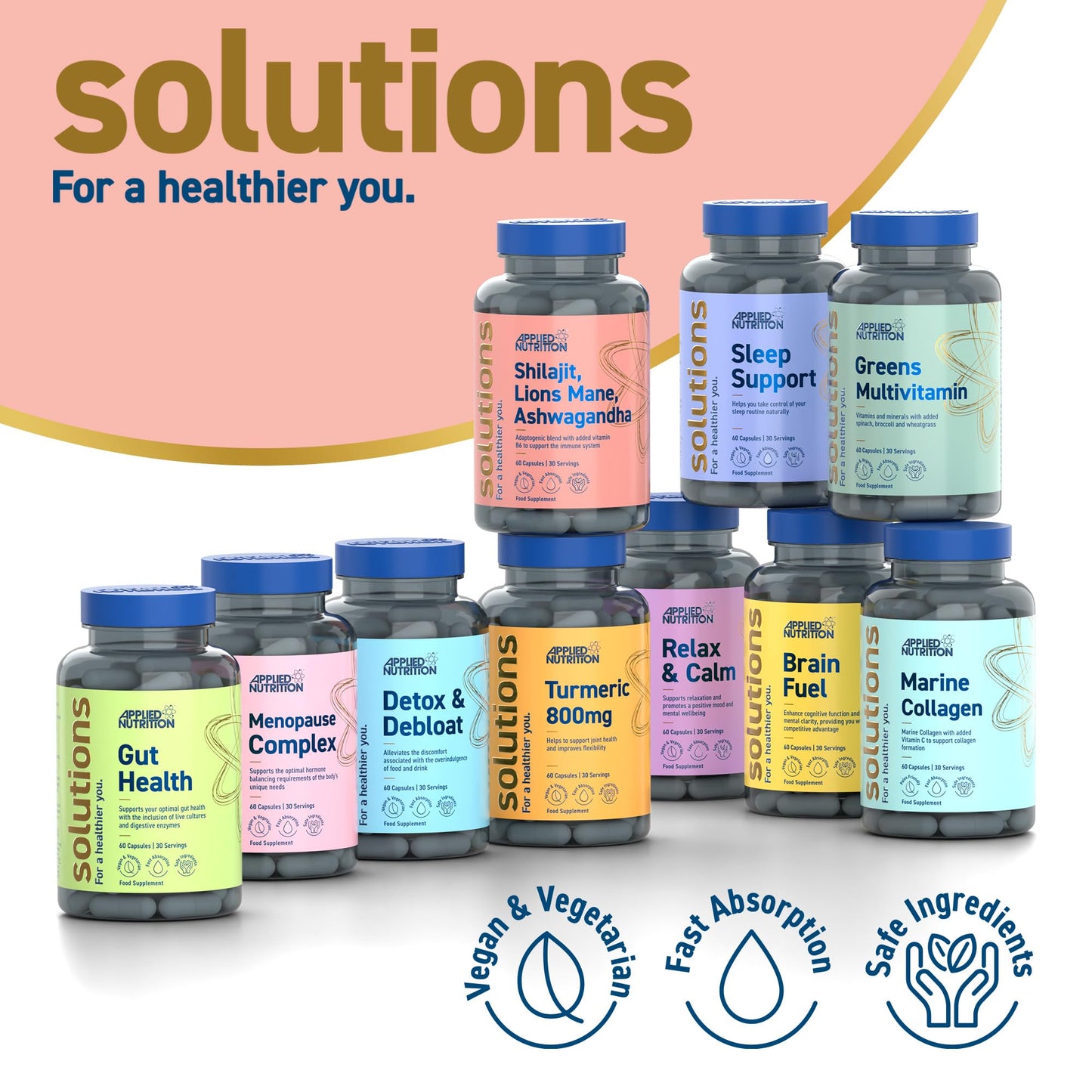 Applied Nutrition - Solutions - Shilajit, Lion’s Mane & Ashwagandha - High Strength Nootropic & Adaptogen Blend - Mental Clarity, Stress & Energy Support - 60 Capsules - 30 Servings