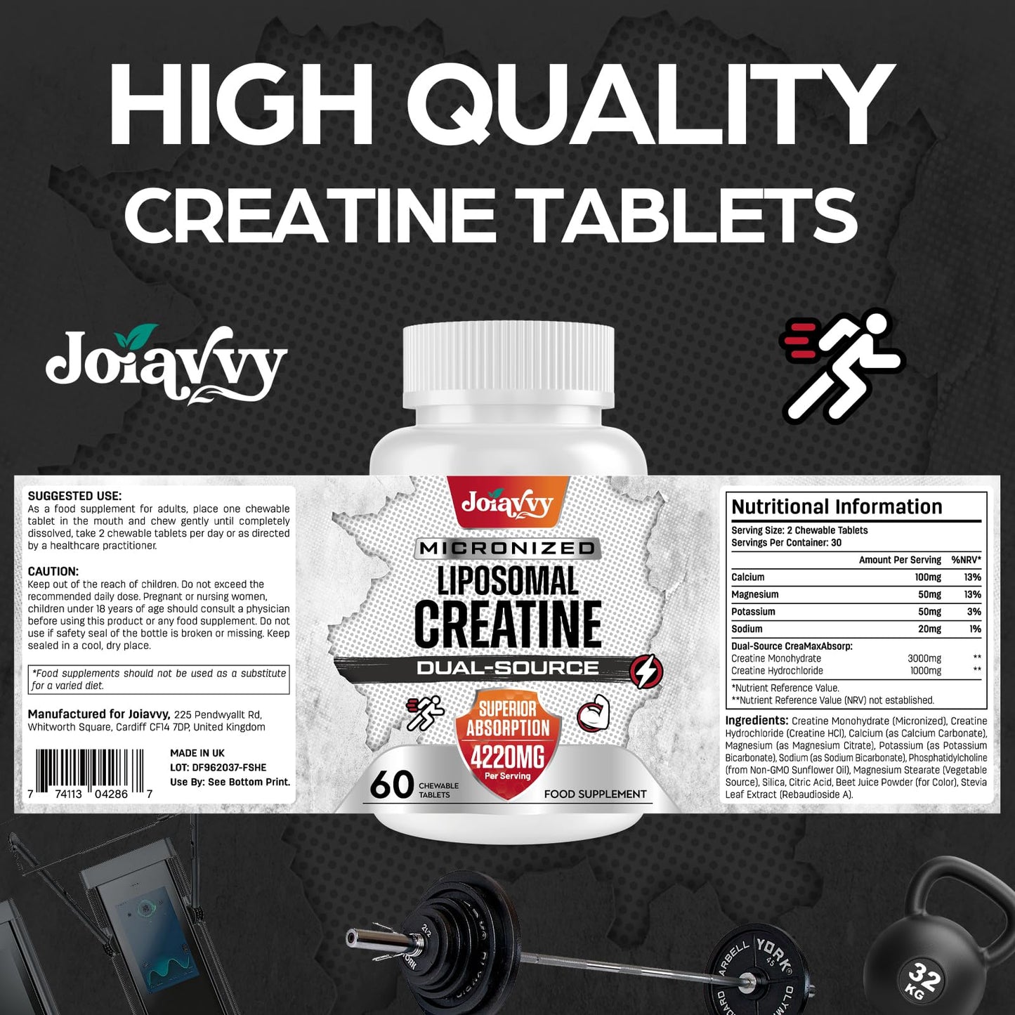Joiavvy Liposomal Creatine Monohydrate Tablets 4220mg, 60 Chewable Pure Creatine Tablets, Added Creatine HCl, 15X Absorption, Creatine Powder Alternative, Gym Supplement for Men & Women, Vegan (60 Tablets)