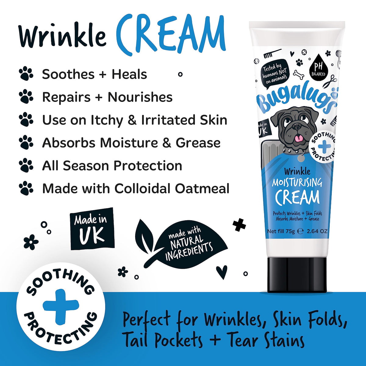 BUGALUGS Wrinkle paste for Bulldogs, French Bulldogs, wrinkly dogs & cats. For itchy wrinkle folds, tear stains & tail pockets, anti-itch & itchy dog skin relief. Great itch remedies for dogs 75g