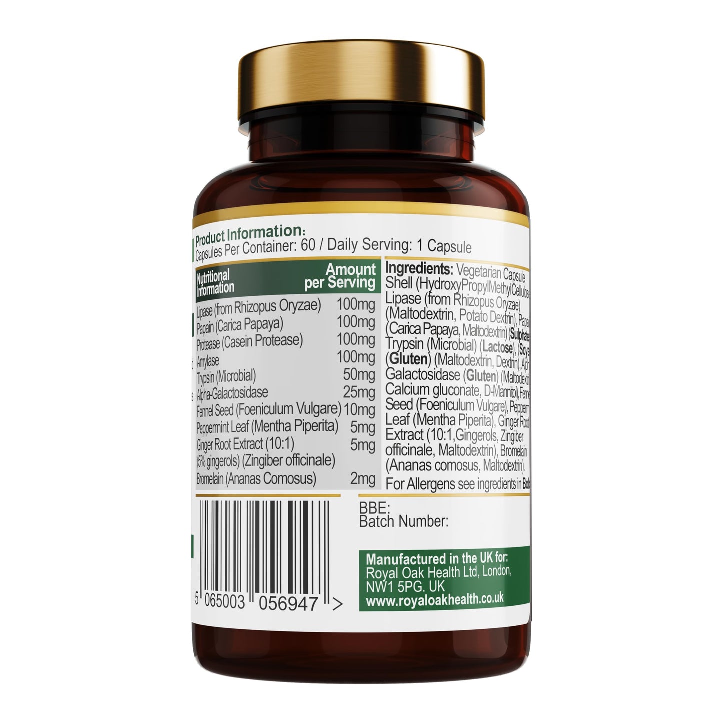 Royal Oak Health Digestive Enzymes - Broad Spectrum 10 in-1 Formula - with Amylase, Protease, Lipase, Papain & Bromelain - 60 Vegan Capsules, UK Made