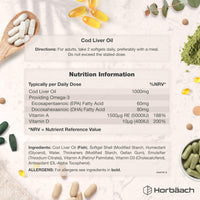 Horbäach Cod Liver Oil Gelatine Free 1000mg | 120 Capsules | High Strength Supplement with Vitamin A, D and Omega 3 DHA/EPA | Suitable for Pescatarians | by Horbaach