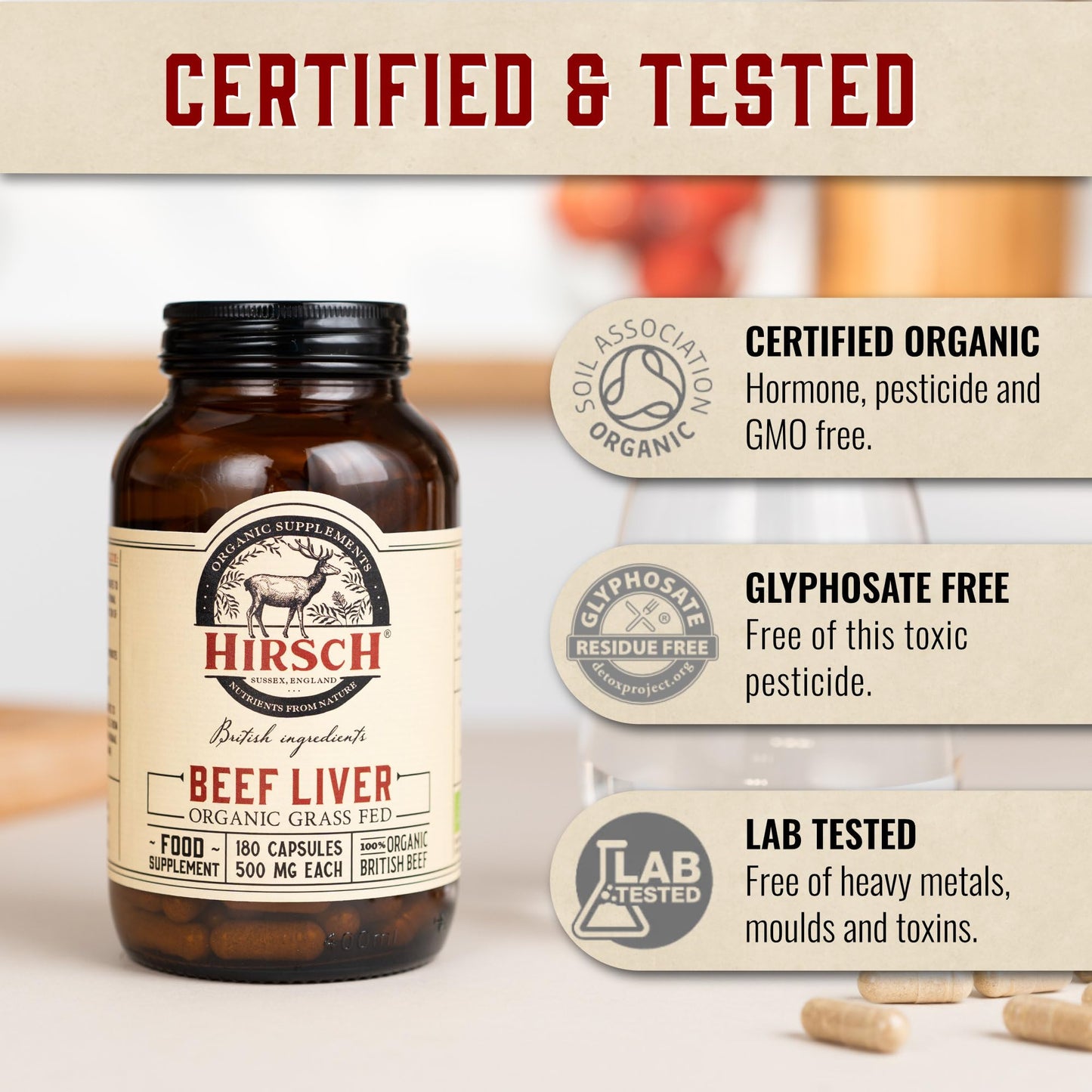 Hirsch Organic UK Grass Fed Beef Liver Supplement - Soil Association Certified 100% Organic and Glyphosate Free & Vitamin & Mineral 3rd Party Tested