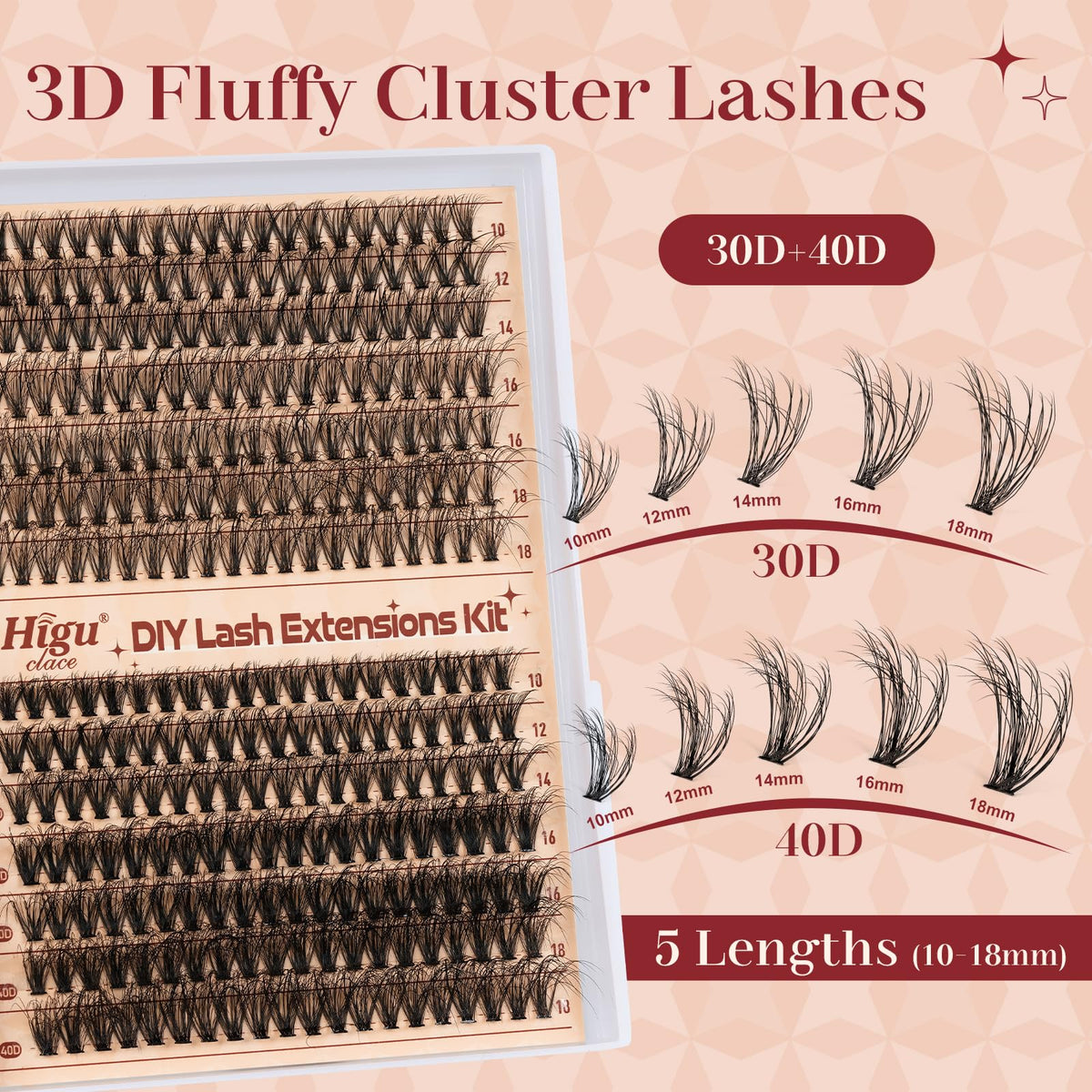 Cluster-Lashes Kit 30D+40D, Higu clace Eyelashes Individual Kit Mix 10-18mm Lashes Cluster Kit with Lash Bond and Seal and Lashes Applicator, DIY Lash Extension Kit at Home (30D+40D 10-18mm)