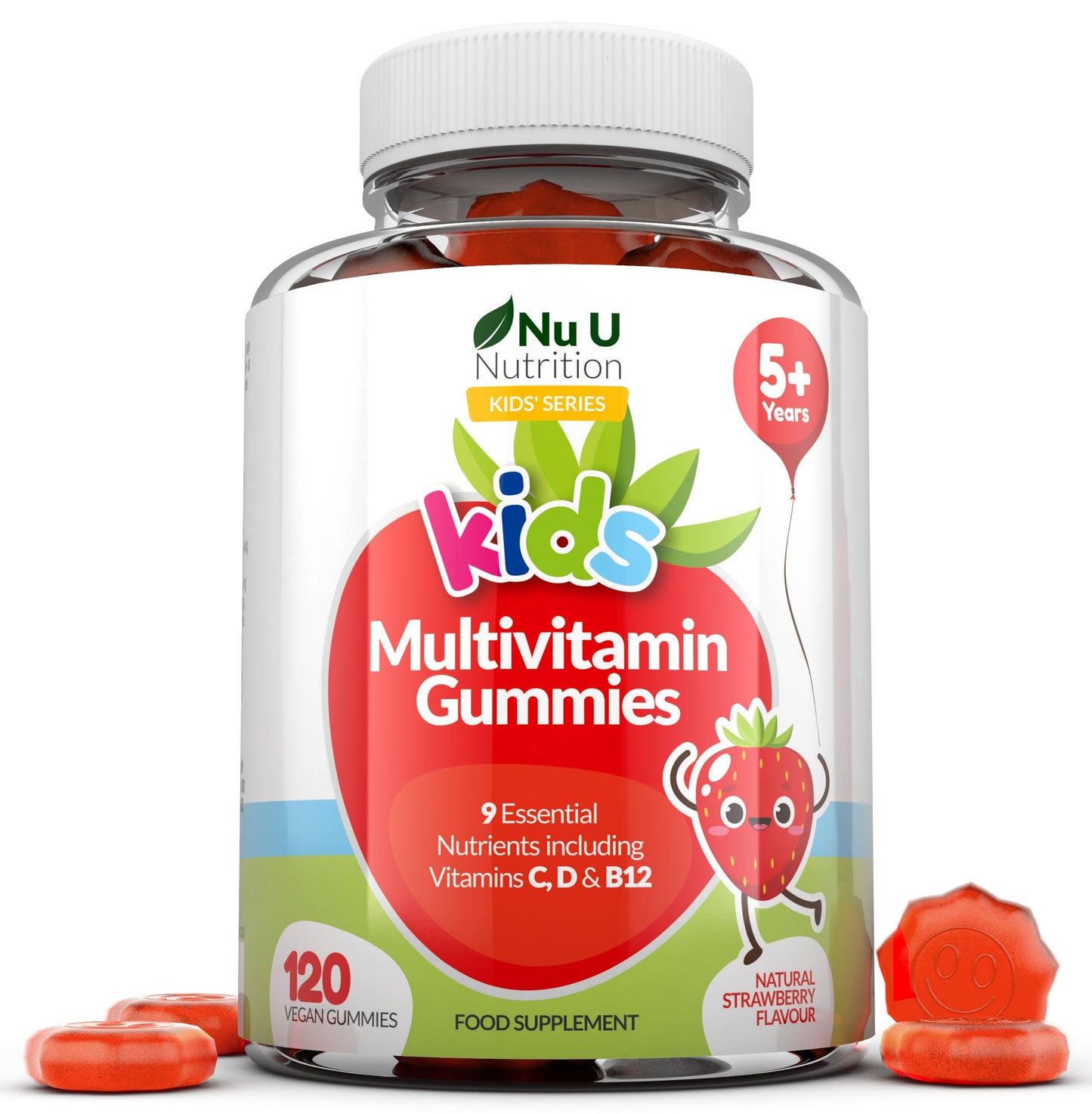 Multivitamin for Kids (5+) - 120 Vegan Gummies - 4 Month Supply - Tasty Strawberry Flavour - Kids Vitamins Including C, D & B12 - Made in The UK by Nu U Nutrition
