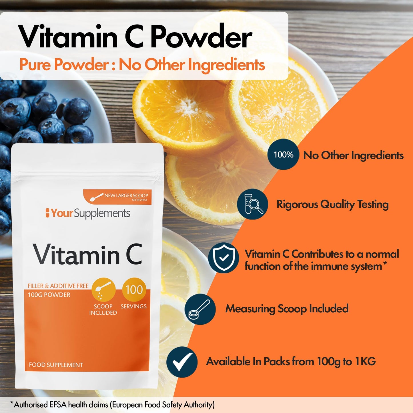 YourSupplements Vitamin C Powder 200g - Ascorbic Acid | 100% Pure British Pharmaceutical Grade | Non-GMO | Scoop Included
