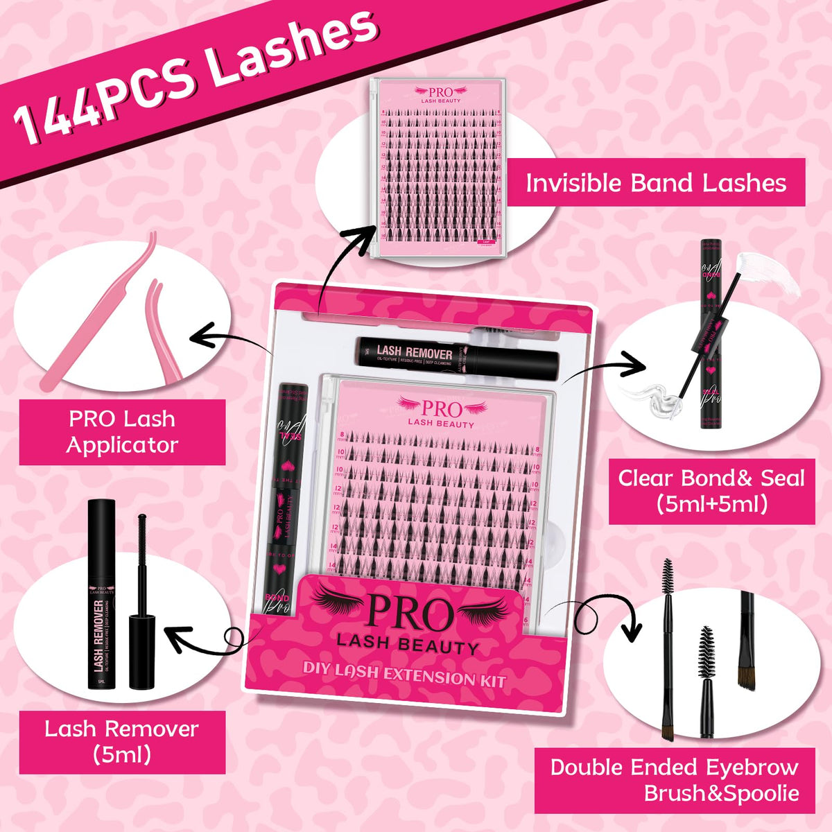 PRO LASHBEAUTY Cluster Lashes Kit 144 PCS Invisible Band DIY Lash Extension Natural 8-16mm Lash Clusters with Clear Glue Transparent Lash Bond and Seal Lash Remover Tweezer(Leaf-8-16mm Mix)