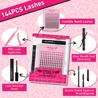 PRO LASHBEAUTY Cluster Lashes Kit 144 PCS Invisible Band DIY Lash Extension Natural 8-16mm Lash Clusters with Clear Glue Transparent Lash Bond and Seal Lash Remover Tweezer(Leaf-8-16mm Mix)