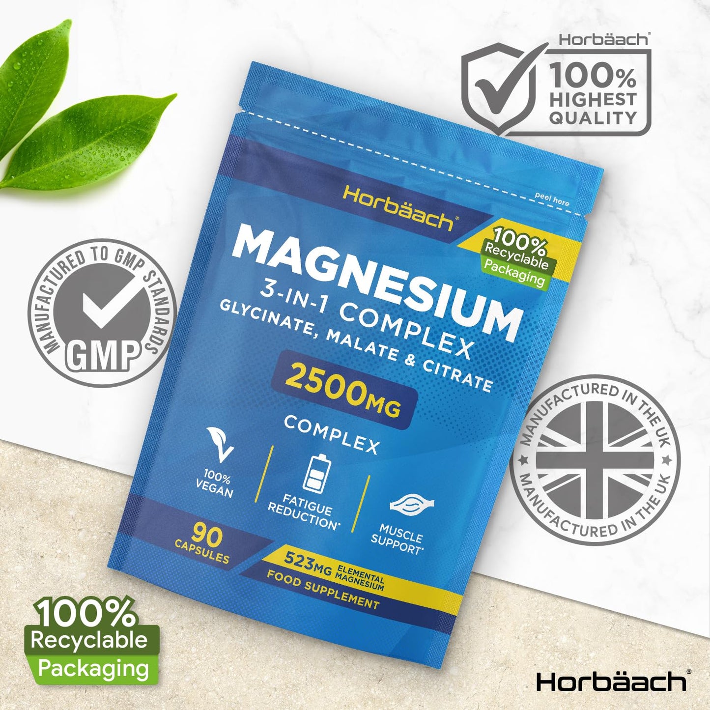 Magnesium Glycinate Supplements 2500mg | 3-in-1 Complex | 523mg Elemental Magnesium | Magnesium Bisglycinate, Malate & Citrate Triple Blend | 90 Vegan Capsules | by Horbaach
