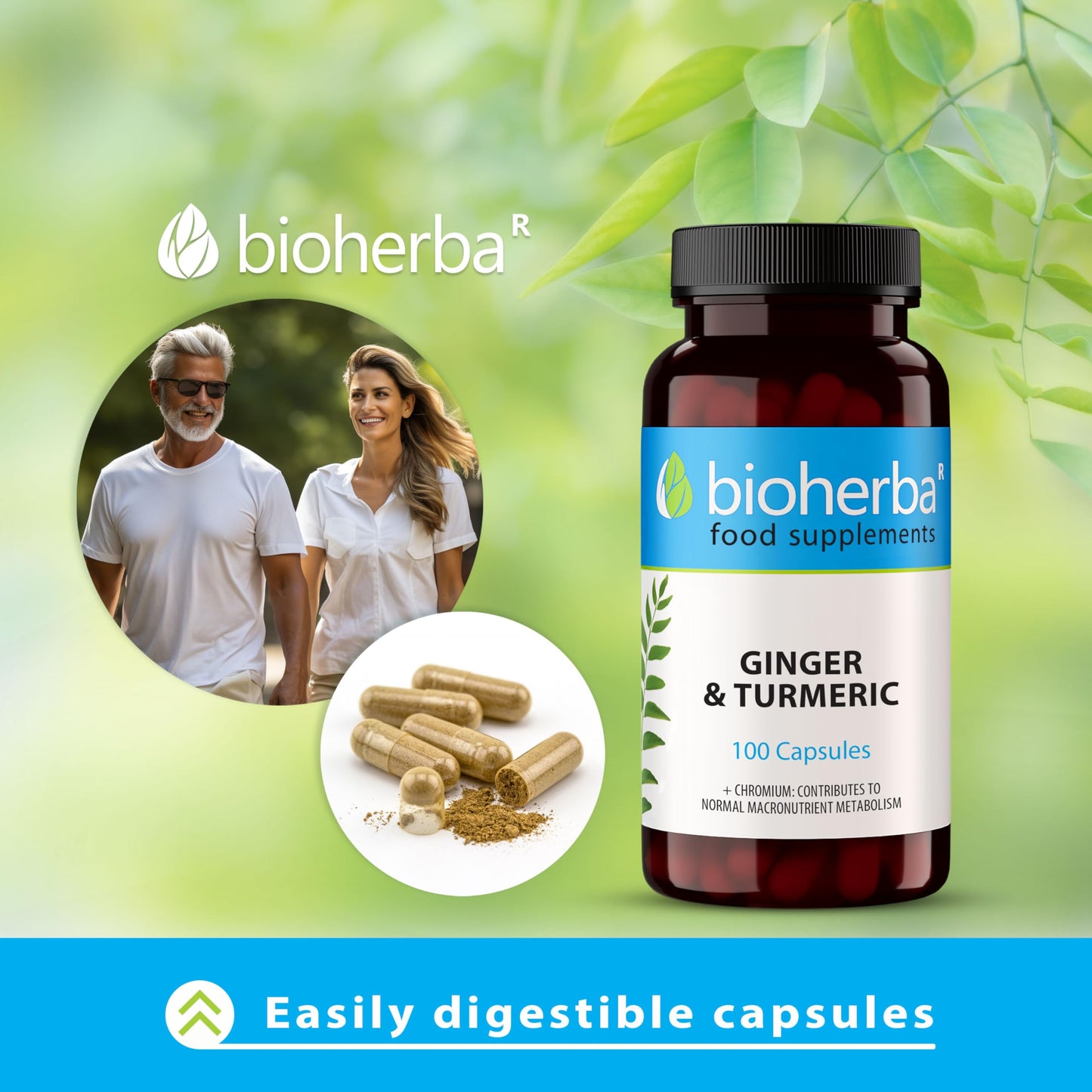 BIOHERBA 100 Ginger and Turmeric Capsules High Strength Curcumin Anti Inflammatory Suitable for Energy & Metabolism - Immune Health Supplements - Enhances Defense System