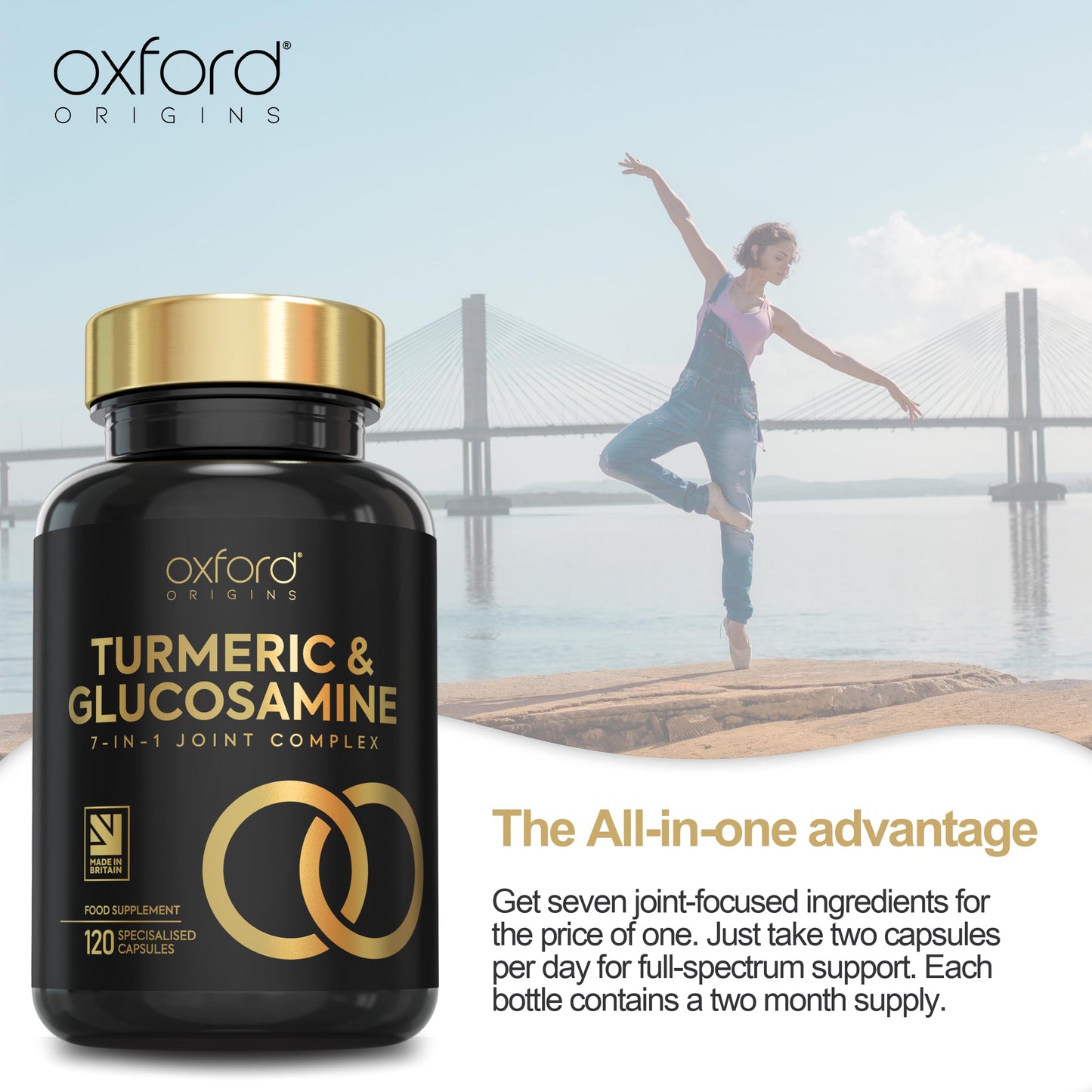 Oxford Origins 7-in-1 Turmeric and Black Pepper Capsules w/Glucosamine and Chondroitin High Strength | Made in the UK | High Absorption Tumeric Supplement | Glucosamine Sulphate & Turmeric Tablets | 120 Capsules