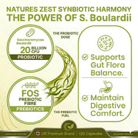 Natures Zest Saccharomyces Boulardii 20 Billion CFU - 120 Capsules | High Strength Prebiotics and Probiotics for Women & Men | Digestion Supplement with Natural Postbiotic Benefits | Vegan | 4 Months Supply