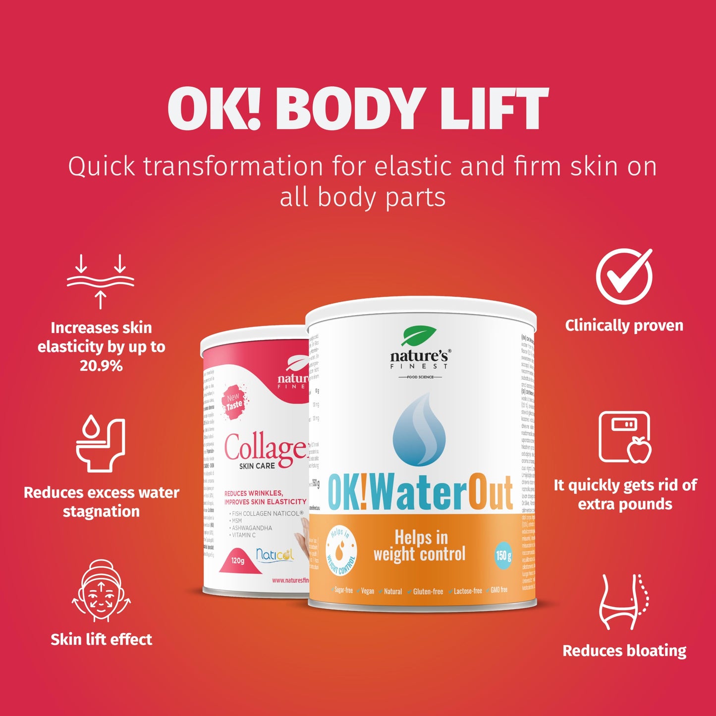 Nature's Finest by Nutrisslim OK!Body Lift - Hydrolyzed Marine Collagen Powder Naticol (5000mg) for Skin Elasticity, Reduce Water Retention - Skin Lift Effect