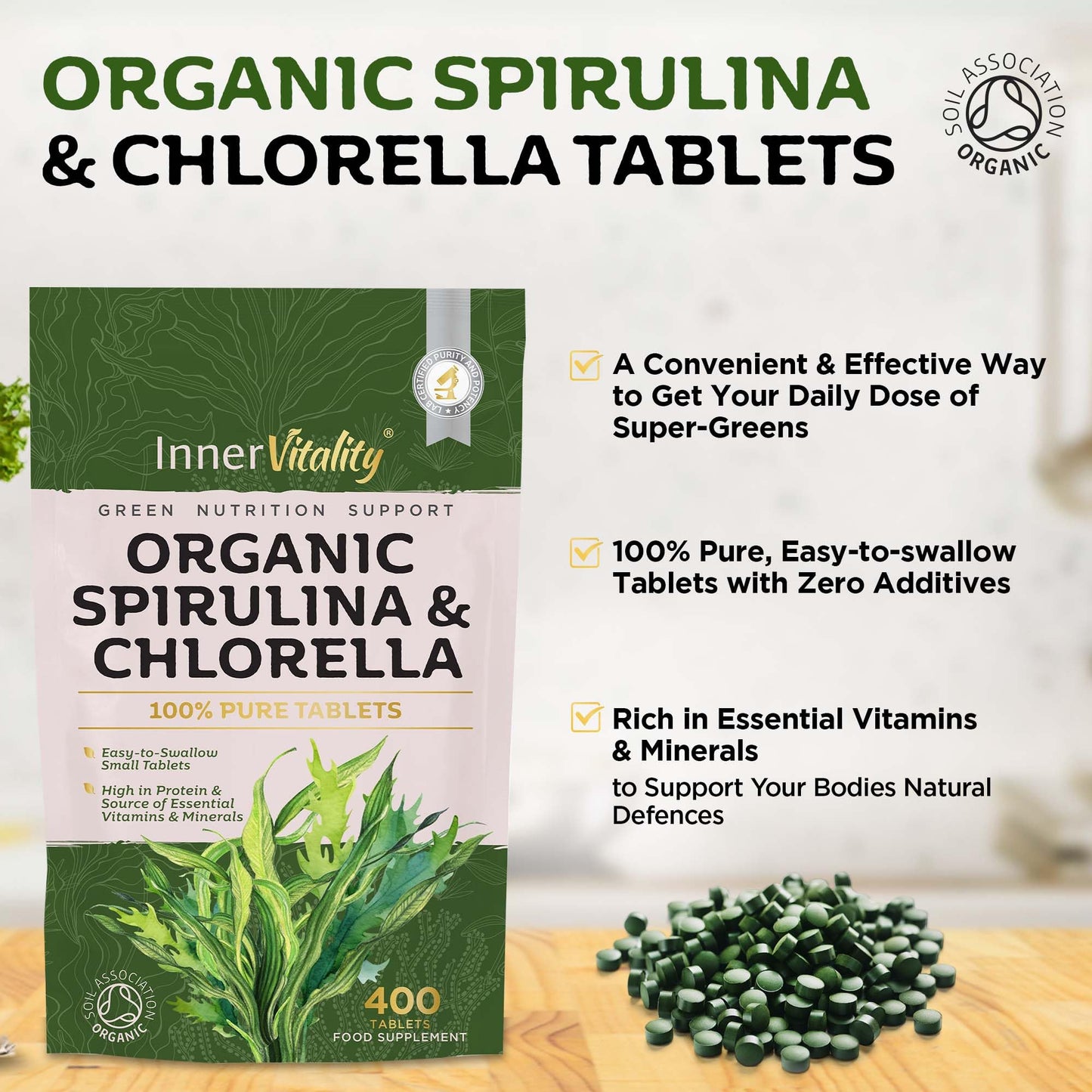 Organic Spirulina & Chlorella 400 Easy to Swallow Tablets - Natural Vitamins & Minerals - Broken Cell Wall, Pure 2000mg Daily Dose Supplement by Inner Vitality
