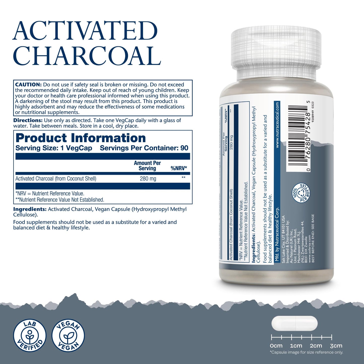 SOLARAY Activated Charcoal - 90 Vegan Capsules not Tablets - High Strength Supplement from Natural Coconut Shell - Lab Verified - Solaray