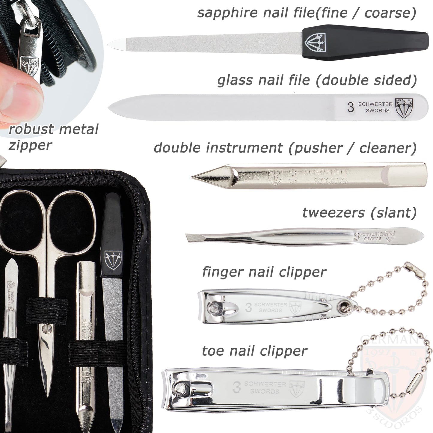 3 Swords Germany - brand quality 8 piece manicure pedicure grooming kit set for professional finger & toe nail care scissors clipper fashion leather case in gift box, Made by 3 Swords (522016)