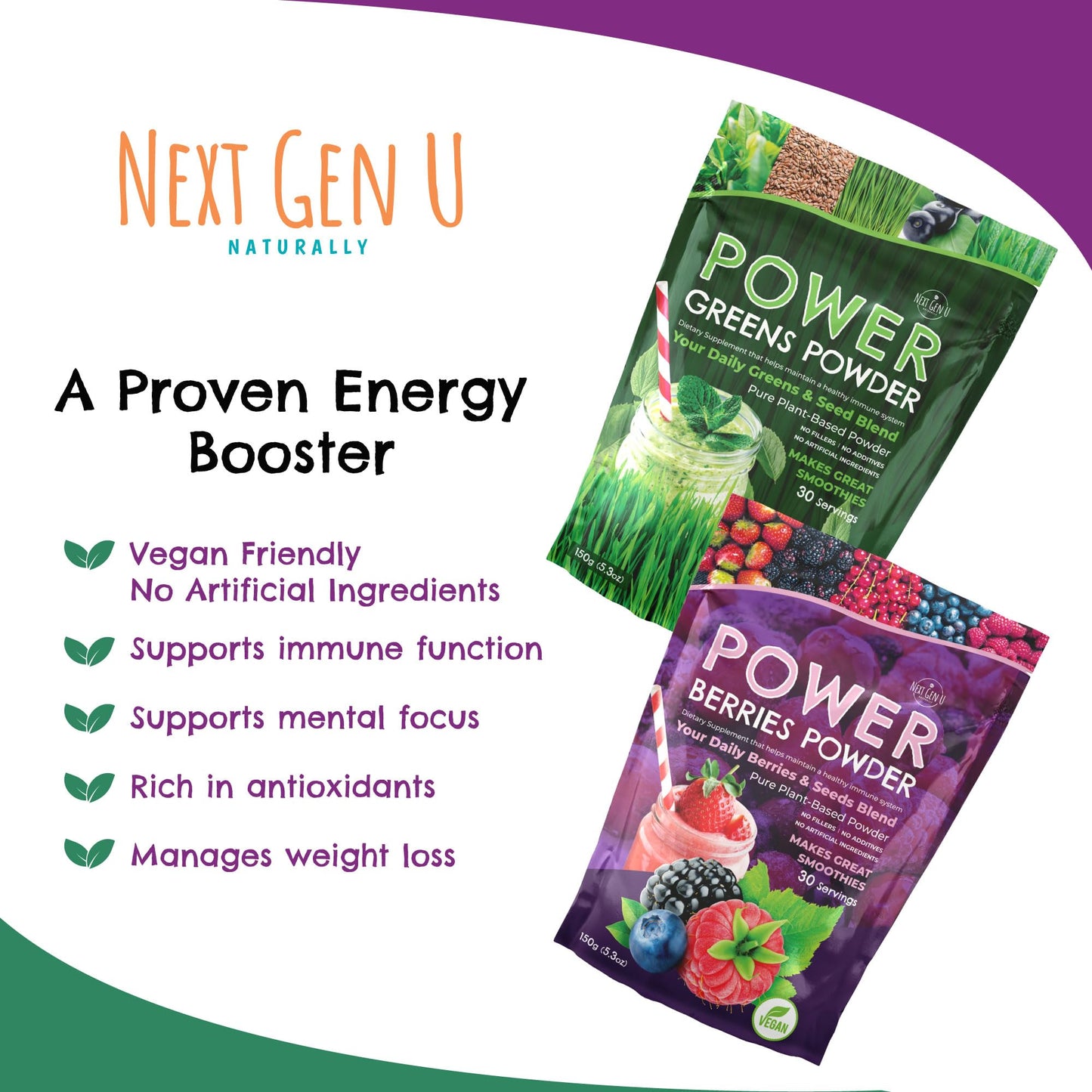 NGU Next Gen U Superfood Greens Powder & Berries Powder Dietary Supplements - for Immune Support - 150 g Pouches - Super Smoothie Mix for Juice & Shakes - Powdered Acai & Flaxseed Blends for Health - by NextGenU