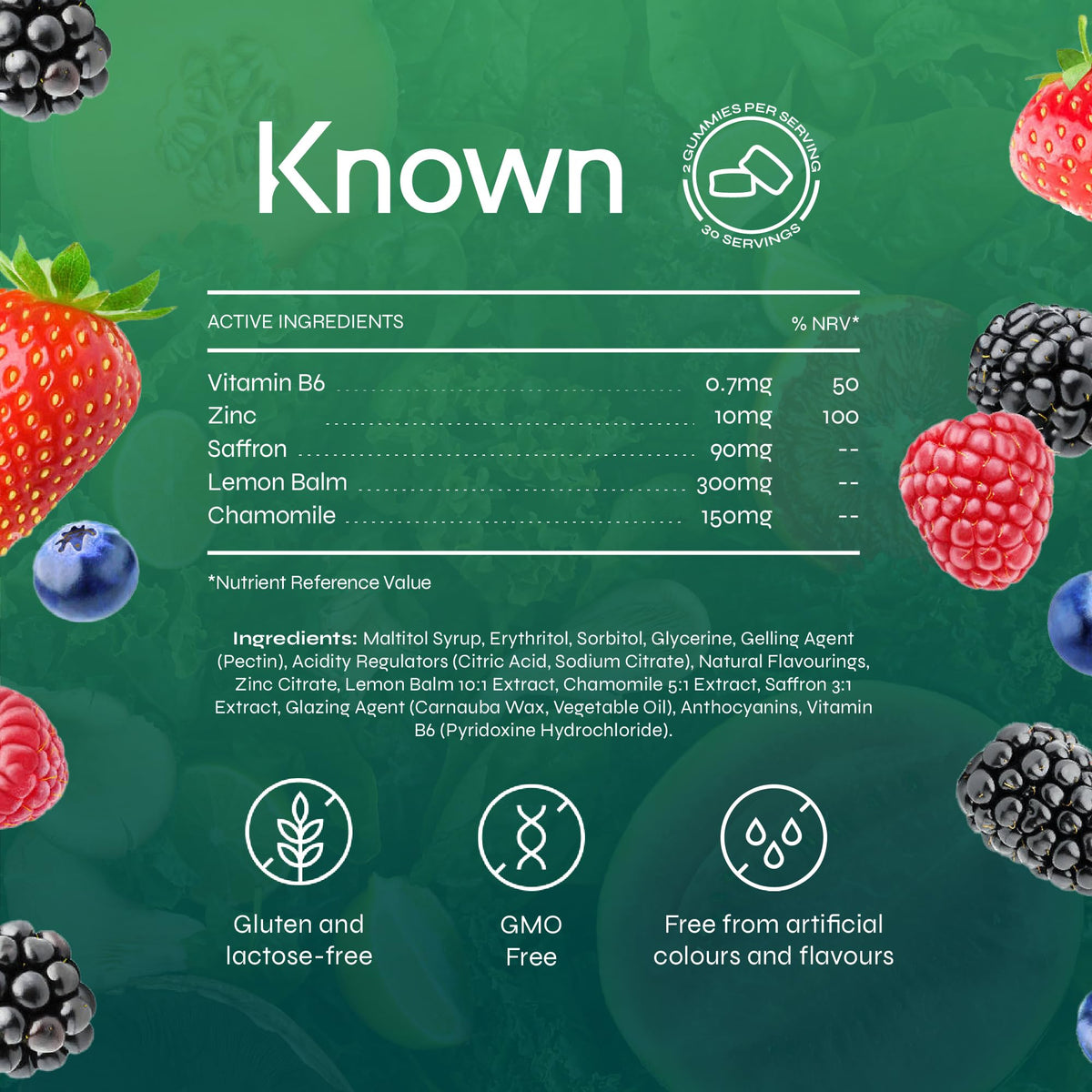 Known Tasty Sleep Better Gummies - Sugar-Free - Saffron, Lemon Balm, Chamomile & B6 - Natural Mixed Berry Flavour - 60 Vegan Gummies, 2 Months Supply