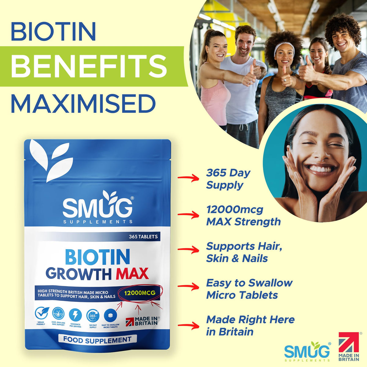 Biotin Tablets 12000mcg – 365 Tablets – Vegan Food Supplement – Made in Britain – SMUG Supplements