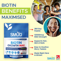 Biotin Tablets 12000mcg – 365 Tablets – Vegan Food Supplement – Made in Britain – SMUG Supplements
