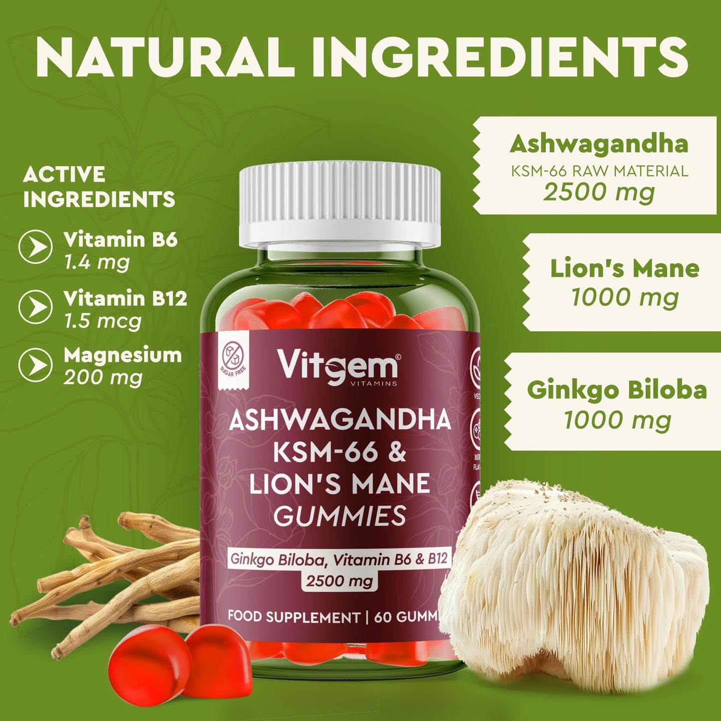 Vitgem 60 Chews KSM-66 Ashwagandha and Lions Mane Gummies for Adults – Sugar-Free Natural Nootropic for Focus, Memory & Stress Relief – Vegan Berry Flavor – Cognitive & Cortisol Balance Supplement