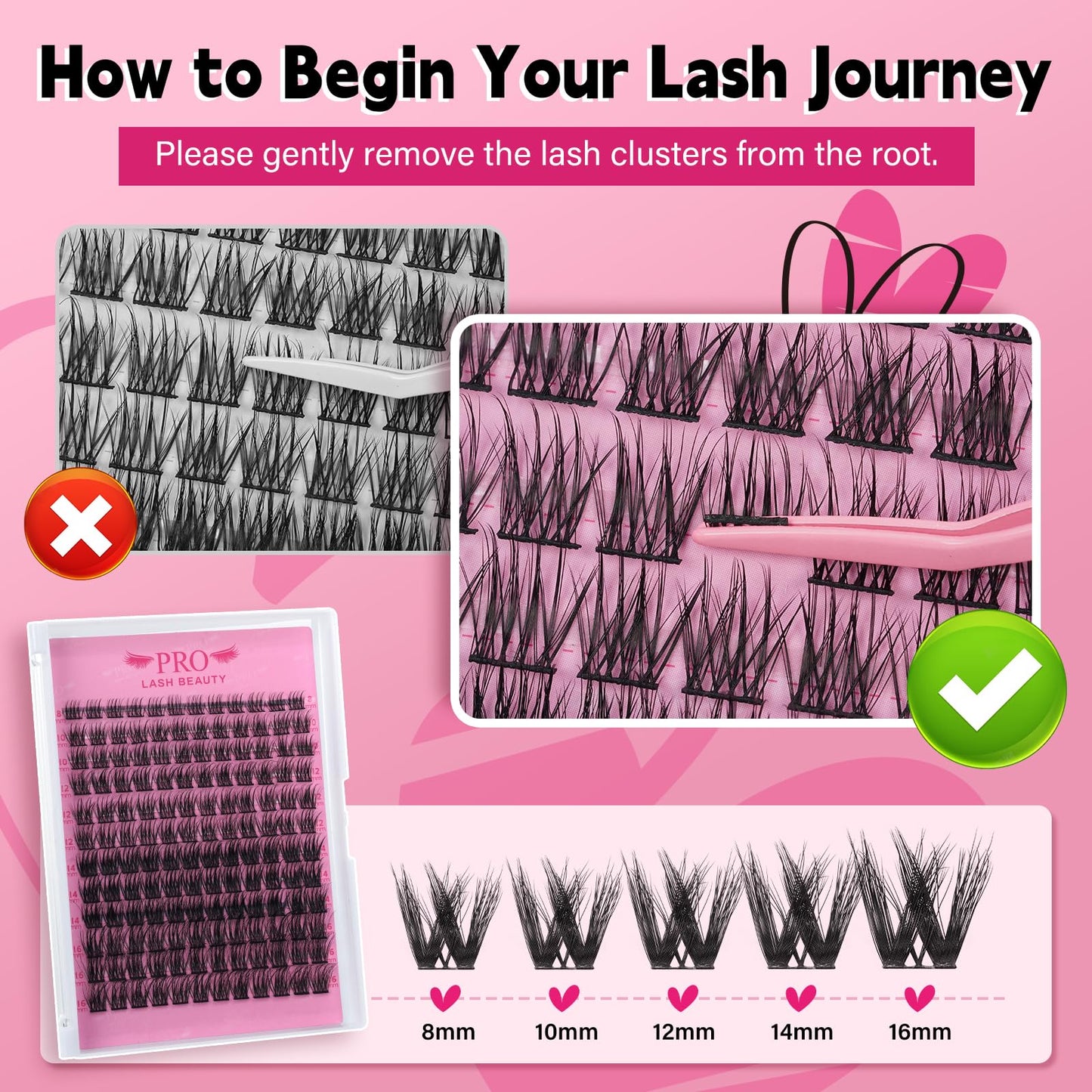 PRO LASHBEAUTY DIY Lash Clusters Kit with 144 Pcs Individual Lashes Cluster Lashes Bond and Seal Eyelash Extension Kit for Beignner (Natural01-D-8-16mix)