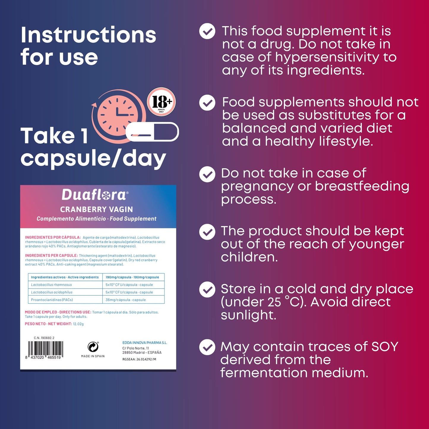 GYNEBAL Probiotics for Women - Balance Vaginal Flora - 10.000 Millions of Bacterial Cultures Rhamnosus Acidophilus and Cranberry 40% PACs for Ladies - One Month Supply - Oral 30 Capsules