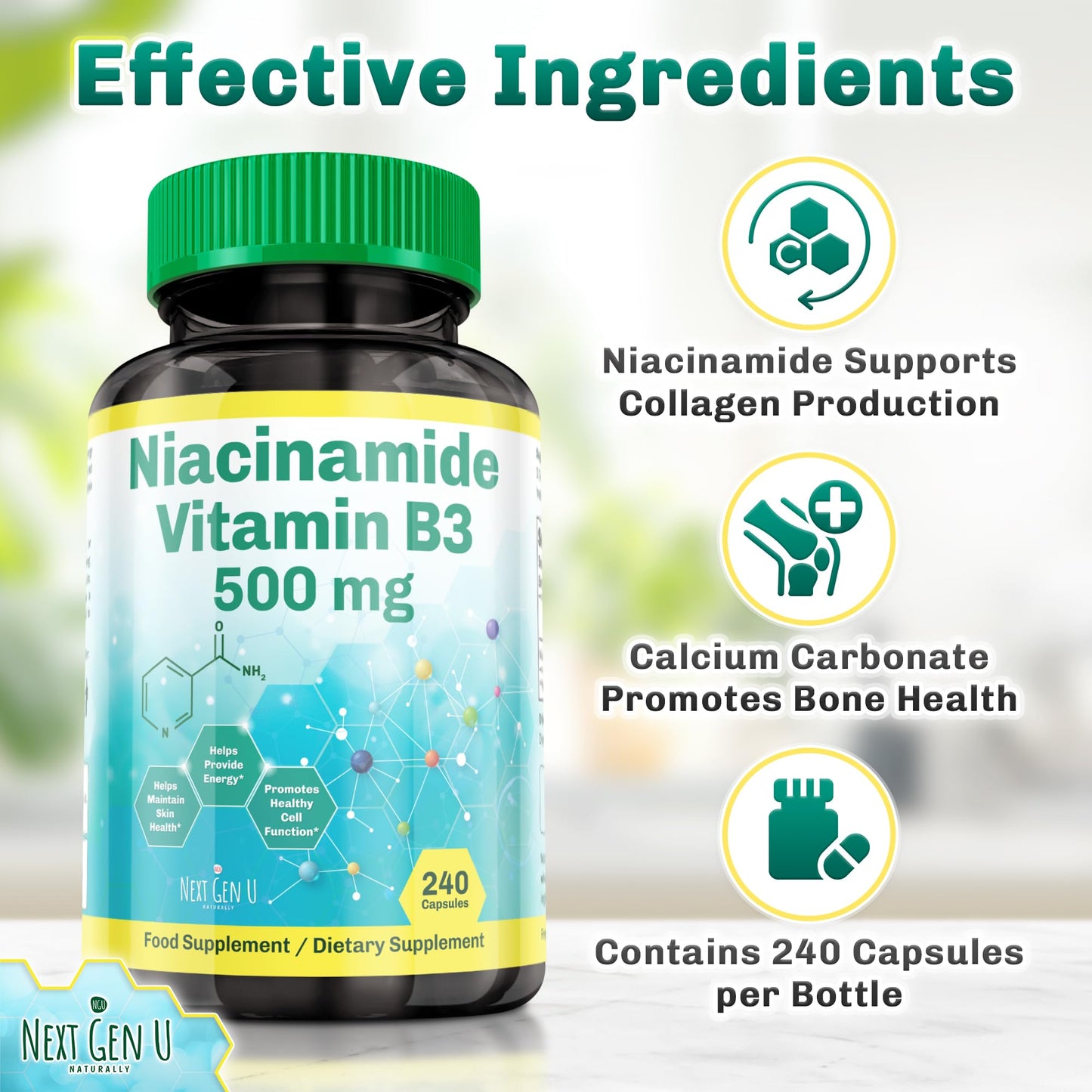Vitamin B3 500 mg 240 Capsules Niacinamide Dietary Health Food Supplement for Flush Free Skin by Next Gen U