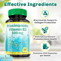 Vitamin B3 500 mg 240 Capsules Niacinamide Dietary Health Food Supplement for Flush Free Skin by Next Gen U