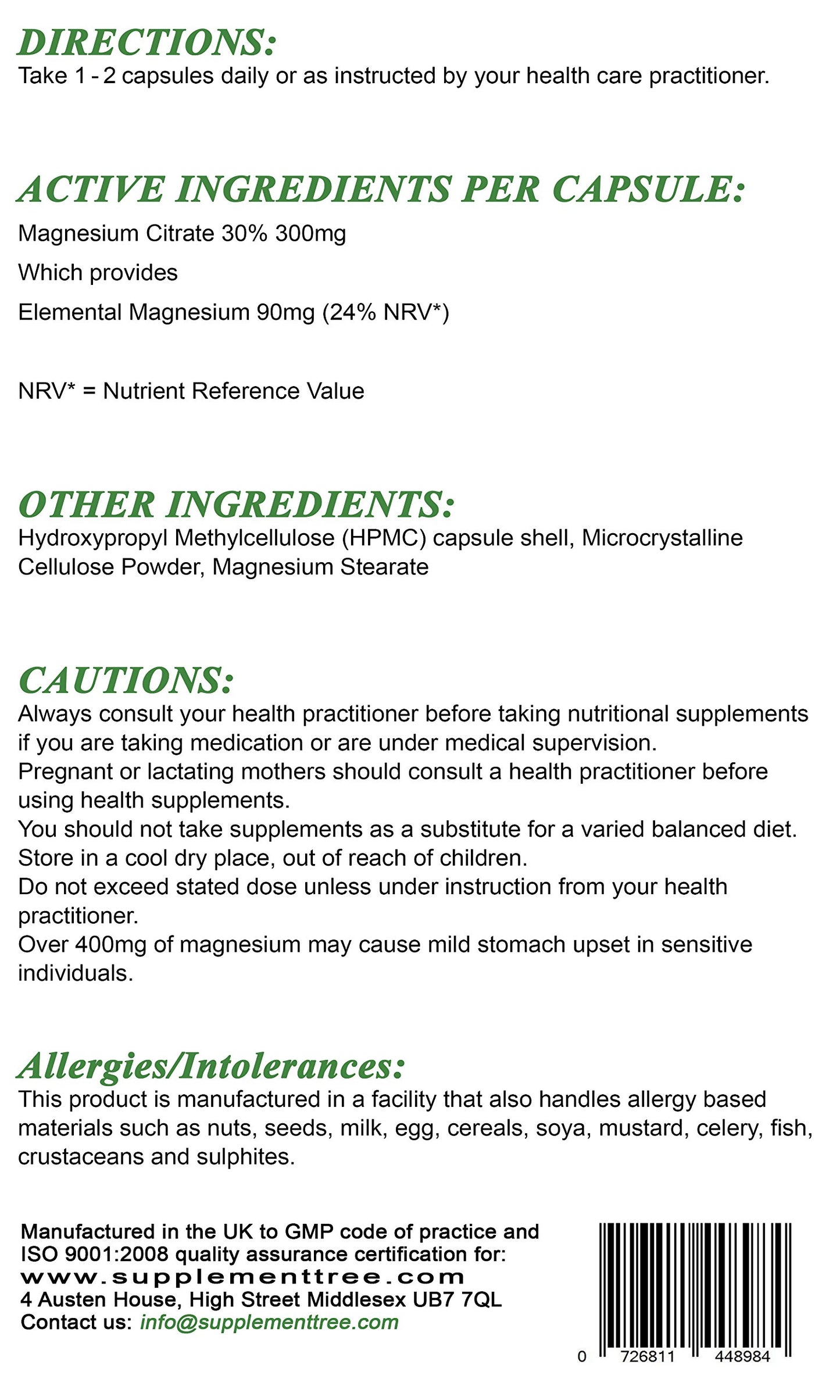 Magnesium Citrate 300mg 180 Capsules | High Absorption Formula Yielding 30% (90mg) Elemental Magnesium | UK Manufactured | Non GMO | Vegans & Vegetarians Friendly