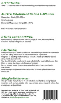 Magnesium Citrate 300mg 180 Capsules | High Absorption Formula Yielding 30% (90mg) Elemental Magnesium | UK Manufactured | Non GMO | Vegans & Vegetarians Friendly