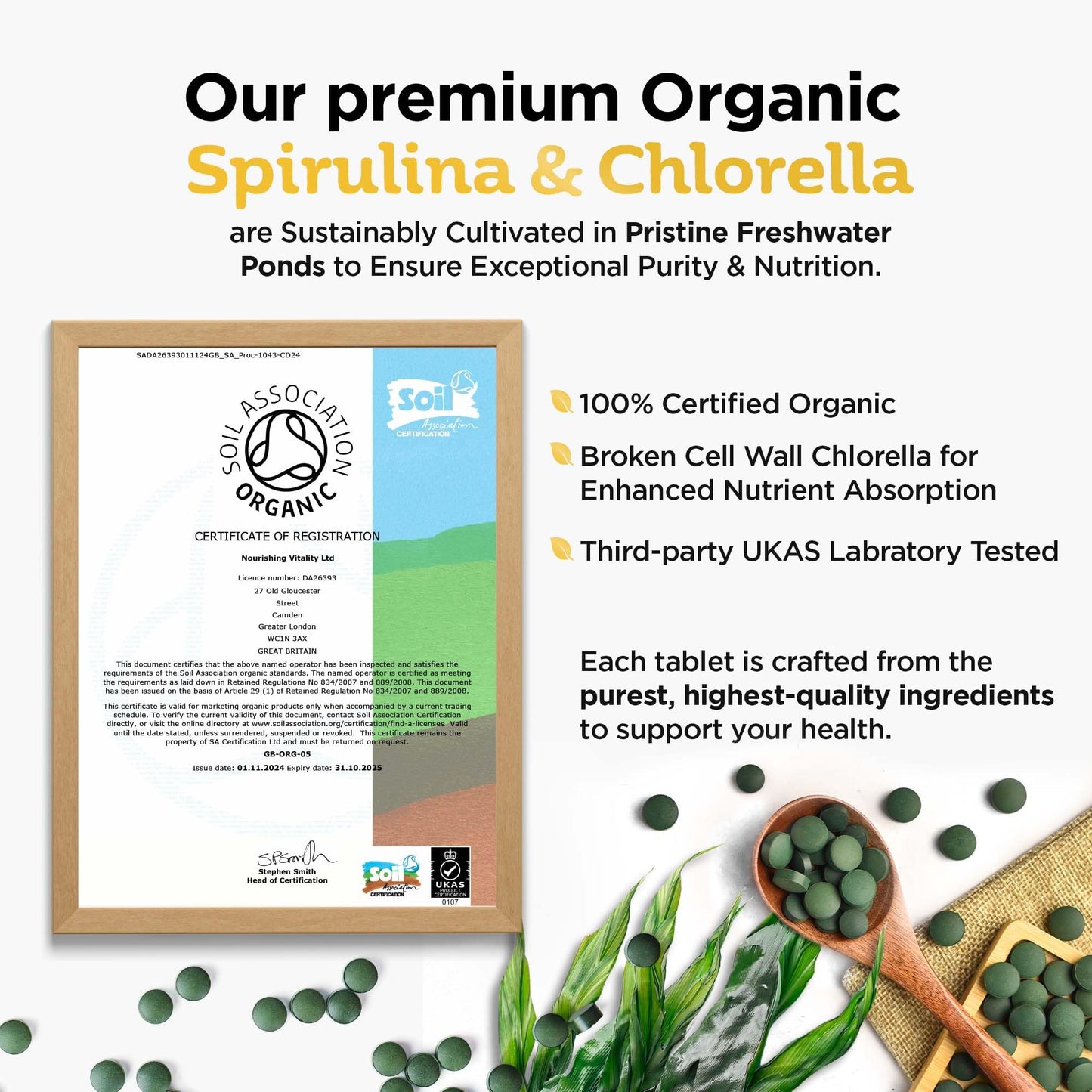 Organic Spirulina & Chlorella 400 Easy to Swallow Tablets - Natural Vitamins & Minerals - Broken Cell Wall, Pure 2000mg Daily Dose Supplement by Inner Vitality